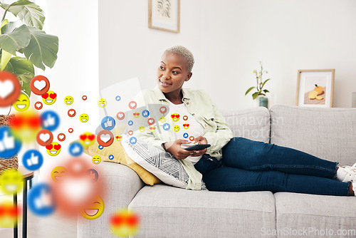 Image of Phone, thinking and black woman with social media icons, mobile app emojis and online blog post, feedback or review. Home cellphone, ideas and user communication, opinion and relax on lounge sofa