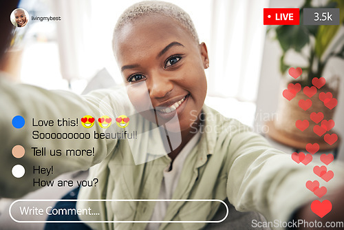 Image of Selfie portrait, happy black woman and live streaming social media post, online opinion comment or filming vlog broadcast. Home smile, screen face or influencer record video, podcast or communication