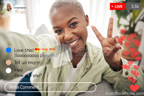 Image of Selfie portrait, peace sign and live streaming black woman, social media influencer and vlogger record broadcast. V emoji, face screen and content creator filming video, home podcast or communication