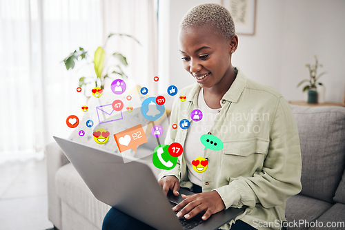 Image of Laptop, social media icon or happy woman typing for communication, message or online chat. Emojis, notification overlay or African person on app to scroll on dating website or digital network at home