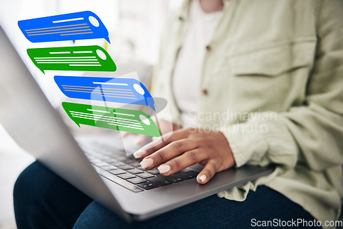 Image of Laptop, message icon or hands of woman typing for communication, social media or online chat. Emojis, notification overlay or closeup of person on app to scroll on website or digital network at home