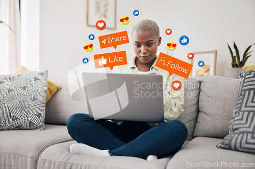 Image of Emoji, overlay and black woman with laptop on a sofa for social media, chat or notification at home. Emoticon, reaction and African lady influencer online for blog, update or podcast content creation