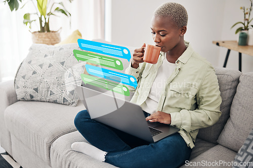 Image of Coffee, message notification or black woman on laptop for communication, social media or online chat. Tea, email overlay or African person on app to scroll on website or digital network at home sofa