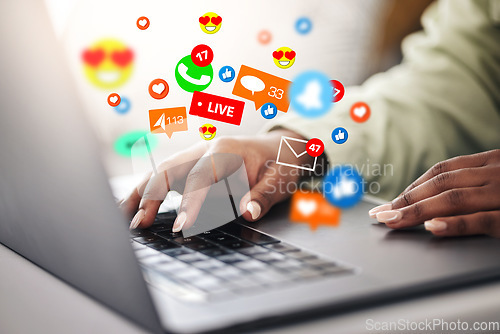 Image of Laptop, emojis or hands of woman typing for communication, social media or online chat. Icon, message notification overlay or closeup of person on app to scroll on website or digital network at home