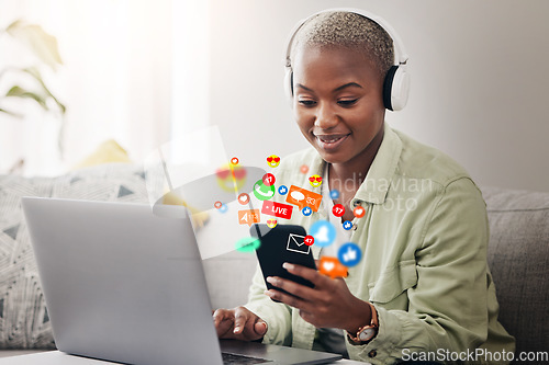 Image of Laptop, social media icon or woman with phone for communication, message or online chat. Headphones, notification emojis or African person streaming music on mobile app on website or network at home