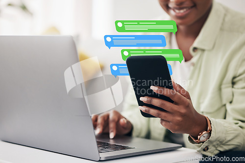 Image of Chat, remote work and person with phone and laptop for an email, connection or typing in a home. Business, entrepreneur and freelance worker with mobile for an app, icon or pc for networking