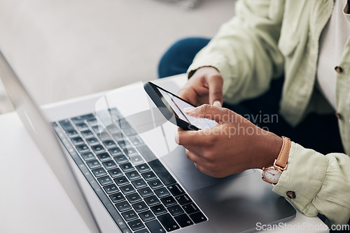 Image of Hands, woman and laptop with smartphone, typing and connection with network, online reading and mobile app. Person, pc and girl with a cellphone, social media and search internet with digital apps