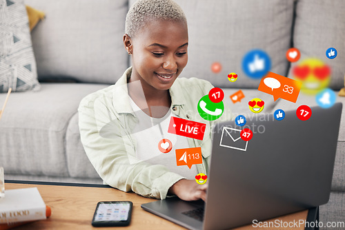 Image of Woman, laptop and social media message icon on home floor for connection, content or platform. African influencer at computer for communication, live streaming and like or love emoji reaction overlay