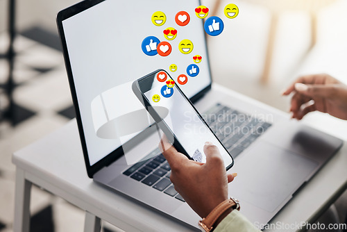 Image of Phone, social media emojis or hands typing on laptop for communication, chat texting or online dating. Closeup, mockup space or person on mobile app screen to scroll on website or digital network