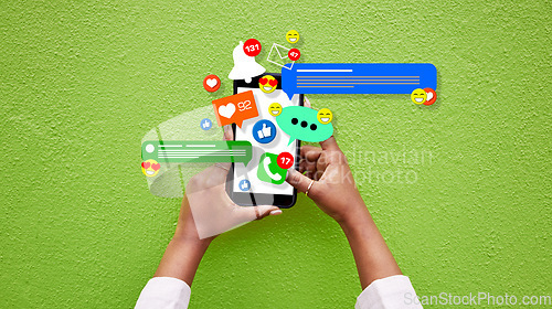 Image of Phone, person hands and social media emojis for online network, contact or application feedback. Cellphone, closeup and user typing post, communication and like notification on green background wall