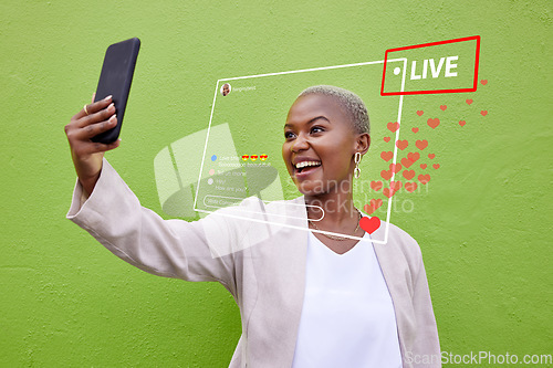 Image of Phone selfie, live streaming video and black woman with heart emojis, media icons and social network feedback. Cellphone recording, content creator and influencer broadcast on green background wall