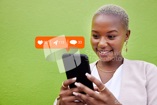 Image of Woman, phone and texting with notification icon, typing or reading with web chat, blog and green background. African girl, contact and smartphone for communication, social network or overlay by wall