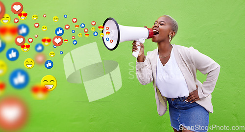 Image of Megaphone, emoji communication and social media with a black woman in studio on a green background. Speech, announcement and a young person shouting into a loud speaker to like, comment or share