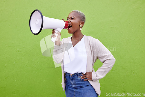 Image of Black woman, megaphone and screaming on mockup space in advertising or protest against a studio background. African female person screaming in bullhorn or loudspeaker for sale discount, vote or alert