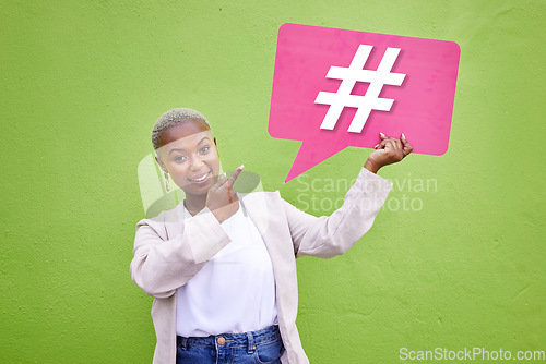 Image of Portrait, pointing and black woman with a hashtag speech bubble for social media. Contact, African person or girl with a board for a blog sign, networking or virtual connection on a green background