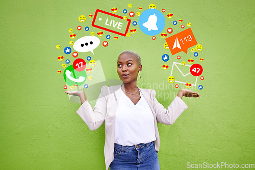 Image of Social media, icon or connection with a woman at wall for emoji, live streaming app or message. African person hands for online chat, notification or network communication overlay on green background