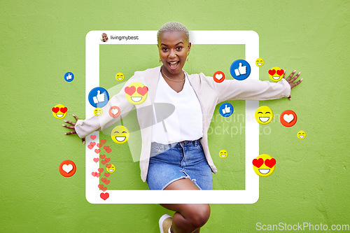 Image of Social media, woman and icon on influencer post, profile frame or love emoji, fan page and app. Excited African person portrait for online content, like notification or overlay on green background
