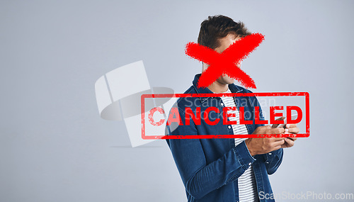 Image of Cancel culture, man phone and banned overlay with graphic and red cross in studio. Social media, grey background and cancelled person with controversy, toxic opinion and censorship on mobile app