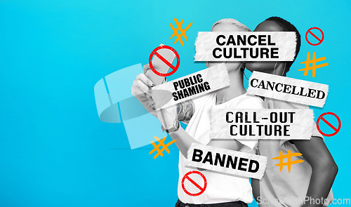 Image of Social media, cancel culture and people online, internet or mobile app isolated in a studio blue background. Negative, bad and graphic words for banned or fail message for political opinion or voice