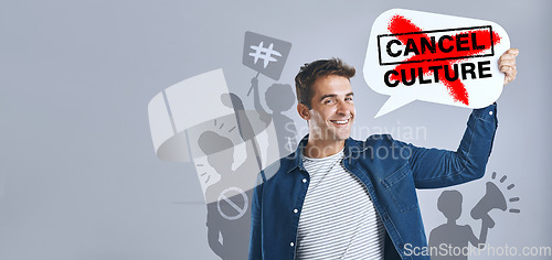 Image of Cancel culture, man and speech bubble for voice, support and opinion with protest and influencer on grey background in studio. Poster, ban and social media influence for freedom of vote and politics