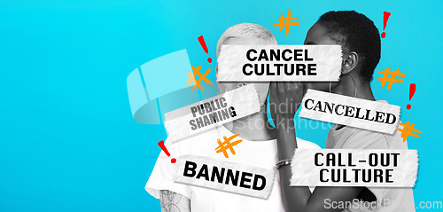 Image of Gossip, cancel culture and people secret, internet or social medis isolated in a studio blue background. Negative, bad and graphic words for banned or fail message for political opinion or voice