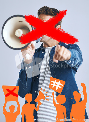 Image of Opinion, cancel culture and restriction with person and megaphone in studio for voice, social media or censorship. Discrimination, free speech or announcement with man on white background for warning
