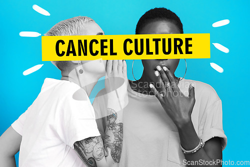 Image of Cancel culture, women and text overlay with fake news and gossip for toxic and banned in studio. Blue background, cross and yellow banner with public shame and people with rumor and secret whisper