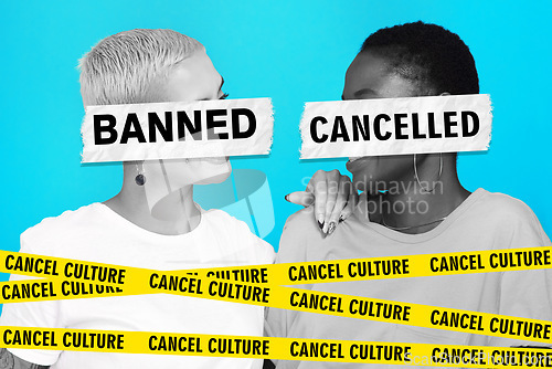 Image of Social media, cancel culture and women online, internet or influencer friends on a studio blue background. Negative, bad and graphic words for banned or fail for public or political opinion or voice