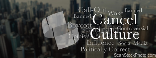 Image of Cancel culture, text in city and social media opinion, silence freedom of speech and message. Words, censorship and protest of influencer, call out and ban on internet for online bullying in society