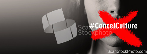 Image of Cancel culture, overlay and cross on mouth of woman for bias, political controversy or criticism. Mockup space, banner and cancelled person with hate speech problem, mistake and racism in society