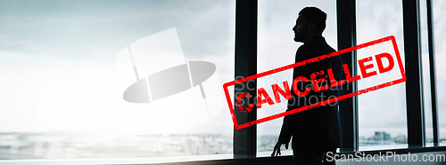 Image of Cancel culture, overlay and silhouette of person by window for bias, political controversy or criticism. Mockup, business and shadow of worker for professional society problem, mistake or censorship