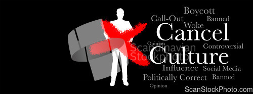 Image of Cancel culture, overlay and words on silhouette of man for bias, political controversy or criticism. Mockup space, banner and cancelled person with cross for society problem, mistake and hate speech