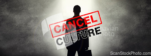 Image of Cancel culture, overlay and silhouette of person in studio for bias, political controversy or criticism. Mockup space, banner and shadow with words stamp for problem, mistake and fail in society