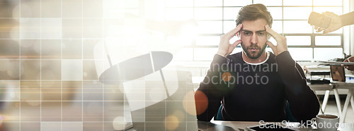 Image of Headache, stress and business man banner on bokeh background mockup space on lens flare. Burnout, anxiety and challenge of person, financial crisis and tired of fatigue, overwork mistake and fail