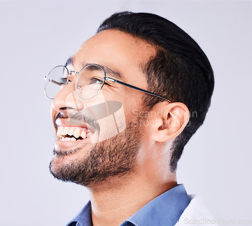 Image of Thinking, doctor and man with glasses, solution and problem solving on white studio background. Person, model or medical professional with eyewear, clear vision or opportunity with decision or choice