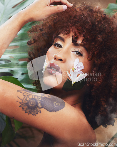 Image of Beauty, natural and portrait of woman with flowers for skincare, cosmetic or self care routine. Fantasy, floral and young female model from Colombia with curls and creative facial makeup treatment.