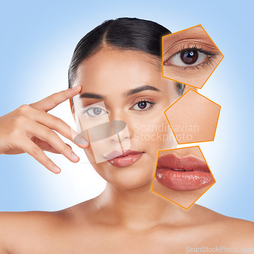 Image of Skincare, dermatology and portrait of woman with overlay in studio for wellness, beauty and cosmetics. Salon, spa and face of person for makeup analysis, product benefits or facial on blue background