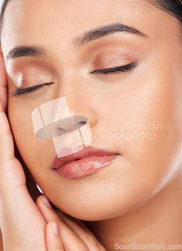 Image of Beauty, makeup and product with face of woman in studio for cosmetics, glow and self care. Health, skincare and dermatology treatment with person on background for facial, salon and cosmetology