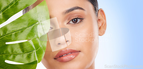 Image of Woman with palm leaf, face and beauty, sustainable skincare and natural isolated on blue background. Wellness, skin glow and eco friendly cosmetics with mockup space, dermatology portrait in studio