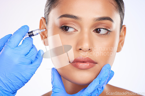 Image of Hands, beauty and a woman with botox on a white background thinking of plastic surgery. Idea, cosmetic and a person with a doctor for skincare, dermatology or an injection for wellness or face