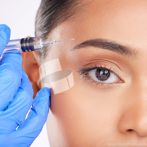 Image of Eyebrow, woman and portrait of injection, plastic surgery and facial beauty process on white background in studio. Closeup, facelift and needle at eyes for aesthetic filler, skincare or prp cosmetics