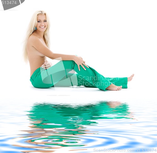 Image of topless blonde in green jeans