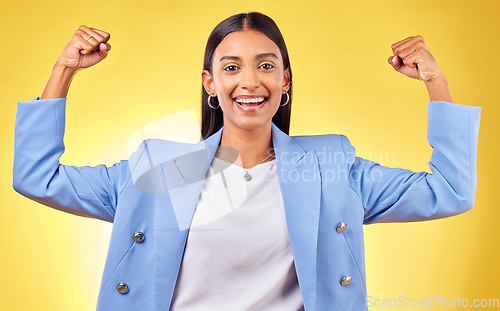 Image of Flex, winner and portrait with business woman in studio for pride, professional and champion. Empowerment, power and strong with person on yellow background for celebration, achievement and success