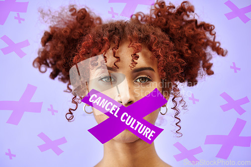Image of Cancel culture, overlay and opinion with portrait of woman with tape in studio for censorship, social media and cyber bullying. Free speech, silence and voice with person on purple background