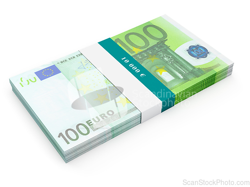 Image of Bundle of 100 euro banknotes bills isolated