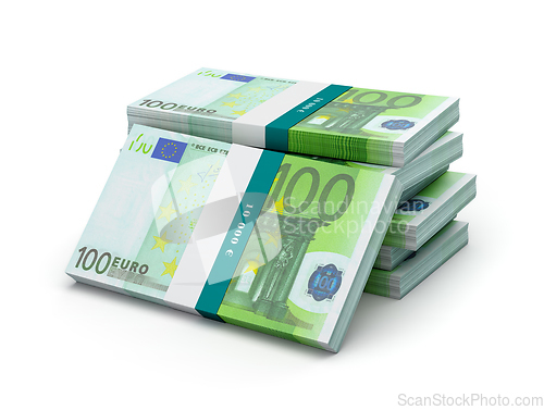 Image of Stack of 100 euro banknotes bills bundles isolated