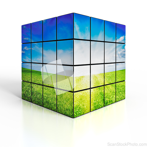 Image of Cube with nature landscape on white background