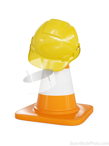 Image of Yellow hard hat on highway traffic cone