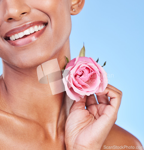 Image of Woman with rose, closeup and natural beauty with sustainable skincare isolated on blue background. Wellness, skin glow and eco friendly cosmetics with pink flower, product and nature in a studio