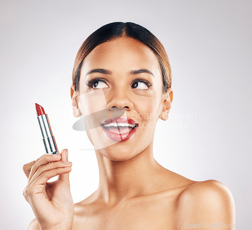 Image of Woman, red lipstick and makeup with beauty, cosmetics with skin glow isolated on white background. Cosmetology, bold color and face with skincare, product with smile and self care in a studio